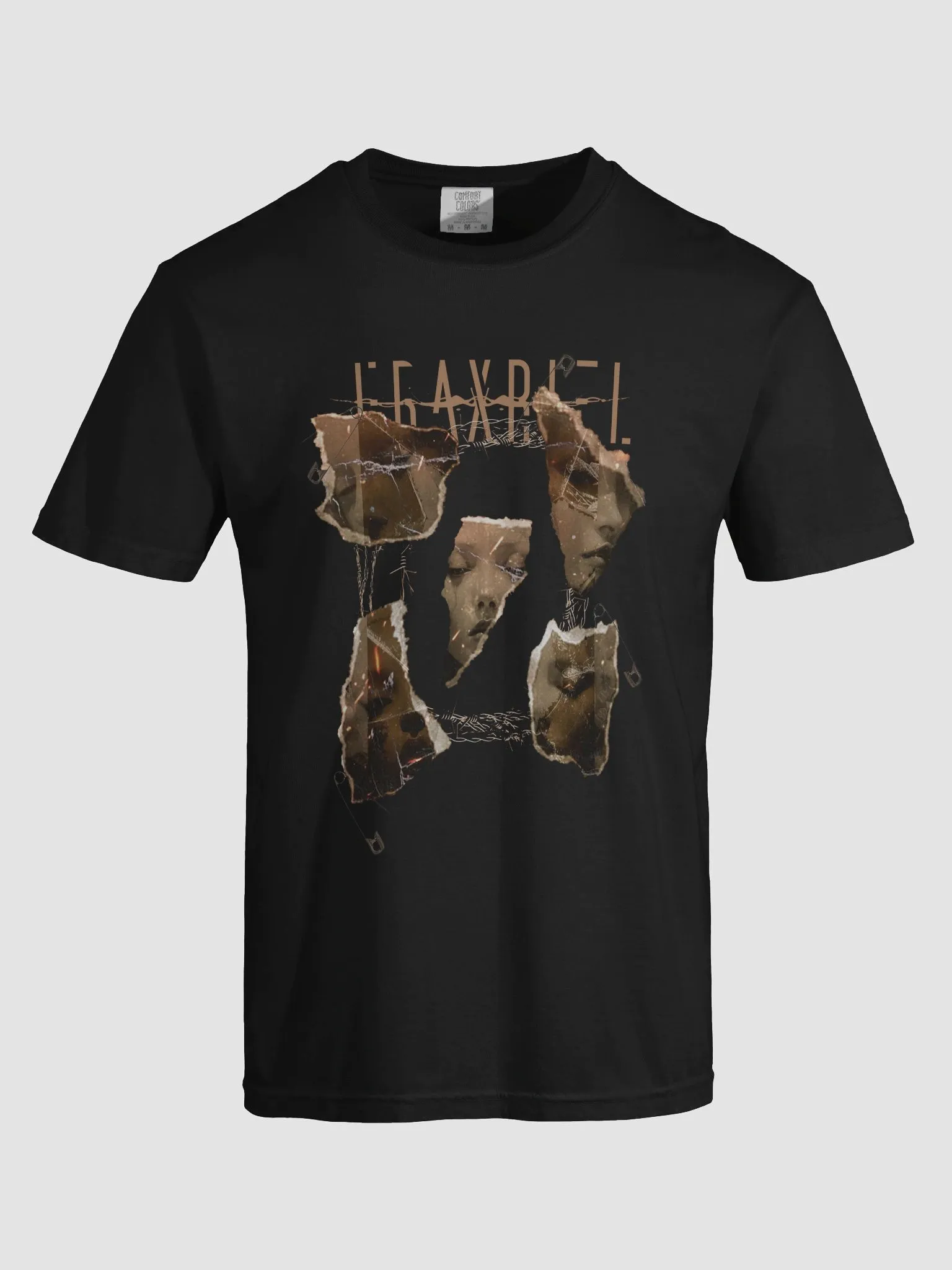 Fraxriel Burned tee, front print, laid flat