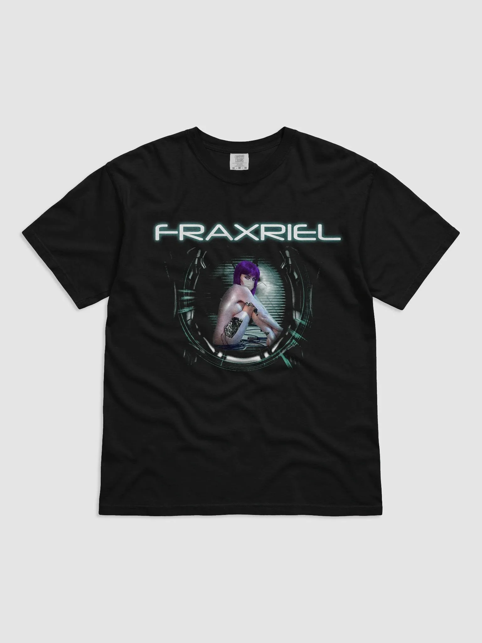 Fraxriel Cyber tee, front print, laid flat